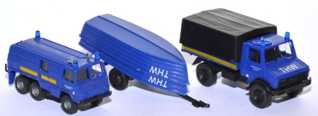THW Set - Pinzgauer - Unimog-​ Anhänger mit 2 Booten blau