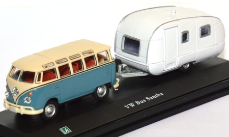 VW T1 Bus Samba mit Wohnwagen blau