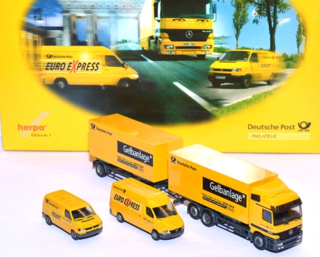 Mercedes-Benz Actros L Kofferlastzug + Mercedes-Benz Sprinter Kasten + VW T4 Kasten Deutsche Post