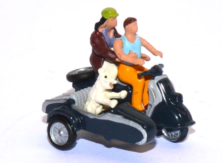 Motorradfahrer mit Seitenwagen und Hund