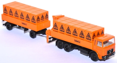 MAN F8 (K) Pritschenlastzug mit Heck-​Ladekran, Ladung Hebel Plansteine orange