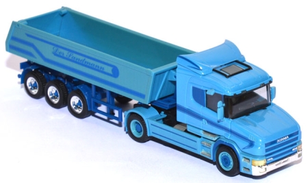 Scania 144 L 400 Hauber Hinterkipper-Sattelzug - Der Sandmann blau