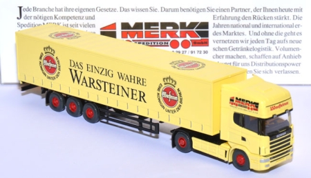 Scania 144 L Gardinenplanensattelzug Warsteiner / Merk