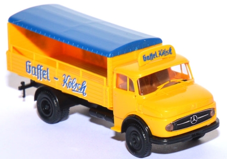 Mercedes-​Benz L 322 Getränkepritsche mit Plane Gaffel-​Kölsch gelb