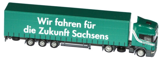 Scania 124 TL Gardinenplanen-Sattelzug Sachsentrans grün