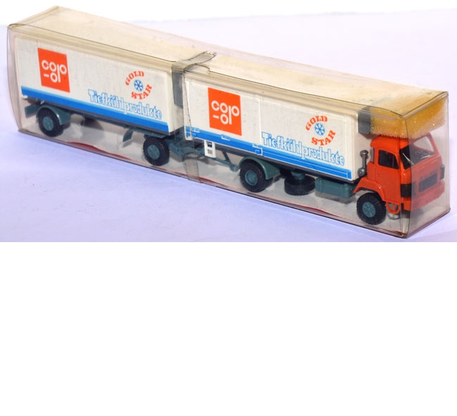 Saurer D 290/330 Kühlkofferlastzug co-op Gold Star Tiefkühlprodukte orange