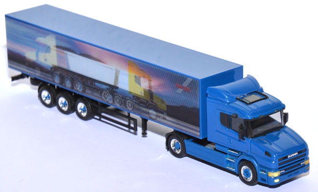 Scania 144 L Hauber Koffersattelzug mit Wechselbild blau