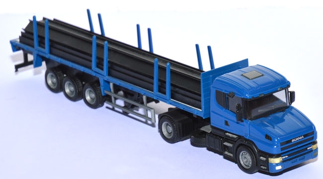 Scania 124 L 400 Hauber Rungensattelzug  mit Ladung Stahlträger blau