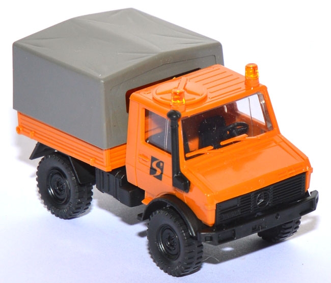 Mercedes-​Benz Unimog U 1300 Pritsche mit Plane Kommunal Straßenmeisterei orange