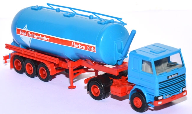 Scania 142 E Kippsilo-​Sattelzug Reichenhaller Salz blau